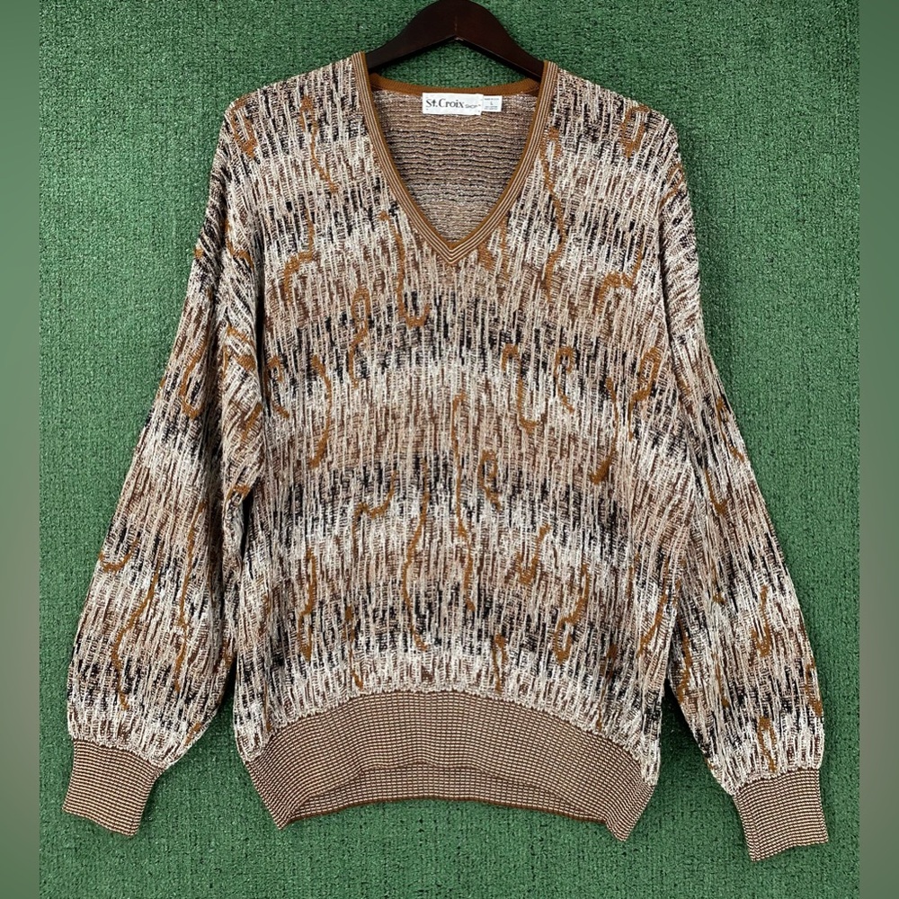 Vintage 90’s ST. Croix Brown Textured Patterned V-Neck Sweater Men’s XL USA Made